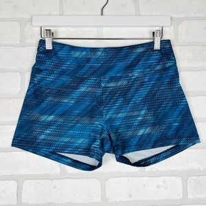 Womens Blue Teal Digital Grid Print Active Athletic Performance Shorts